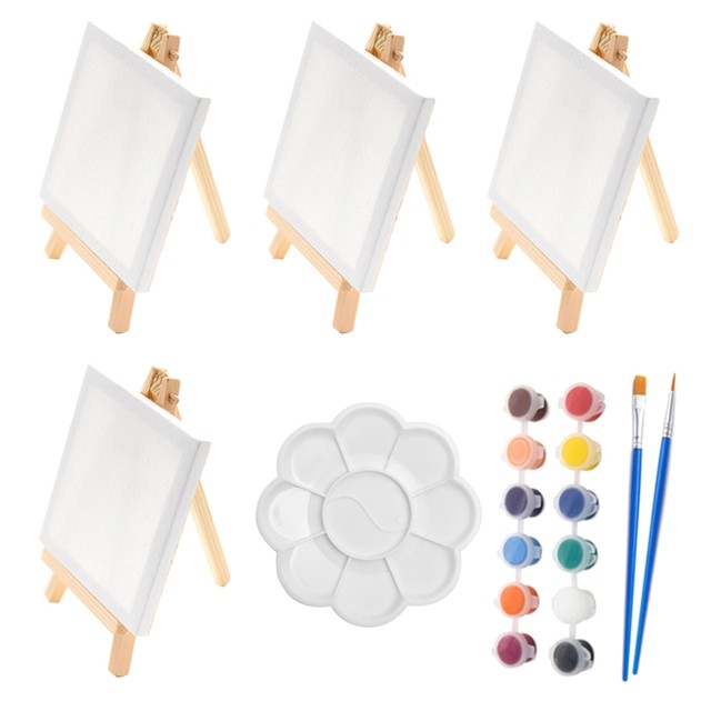 23 Pcs Mini Wood Easel and Painting Canvas Set Acrylic Drawing Paint Kit 12  Colors Acrylic Paint for Kids Birthday Party